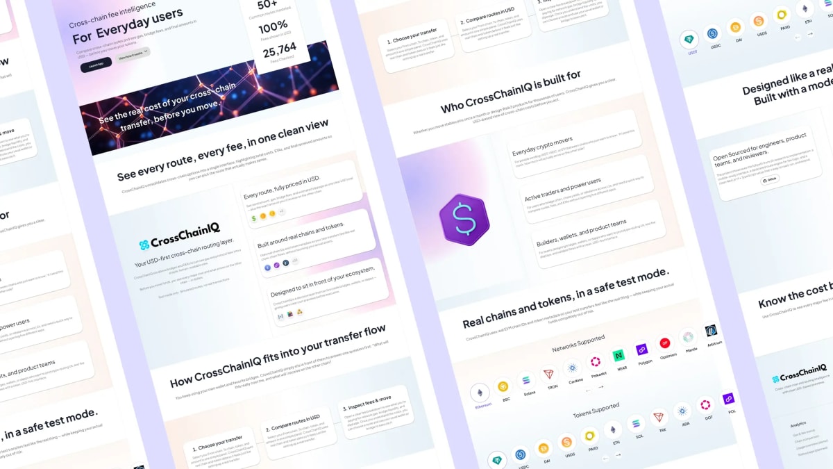 Web3 website design for CrossChainIQ — cross-chain fee intelligence platform UI with purple and teal brand identity by BK Web Designs