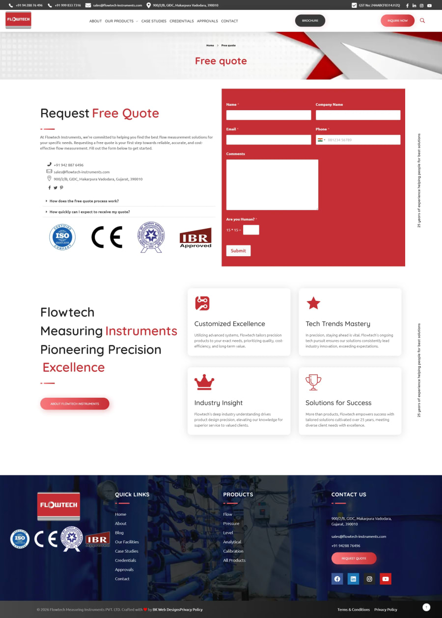 Free quote enquiry form page — B2B manufacturing company website lead generation design by BK Web Designs