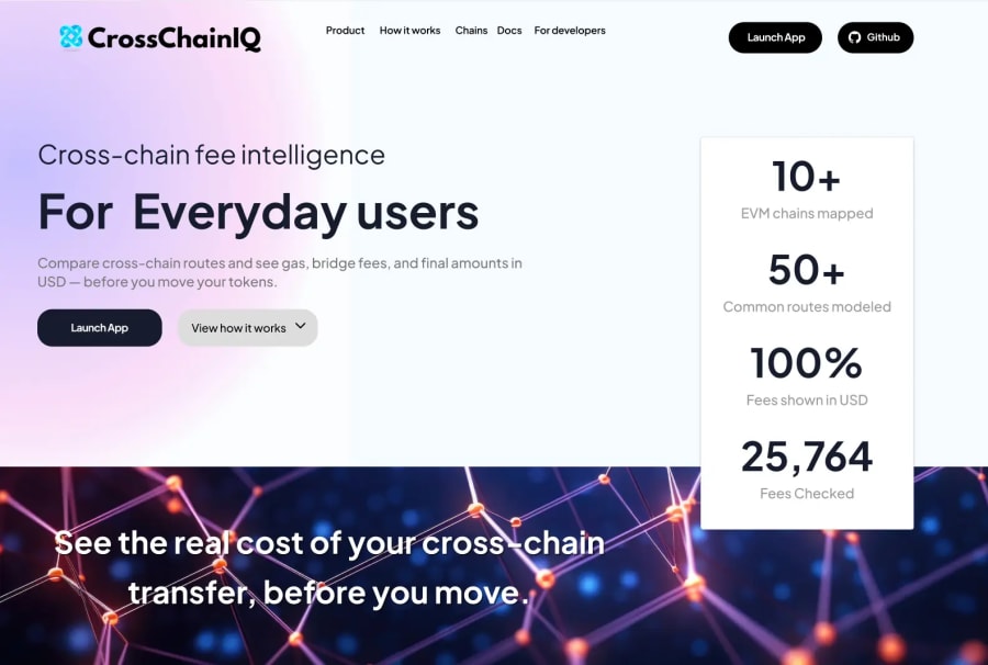 CrossChainIQ Figma landing page design — web3 website design with USD-first cross-chain fee interface and scroll narrative by BK Web Designs