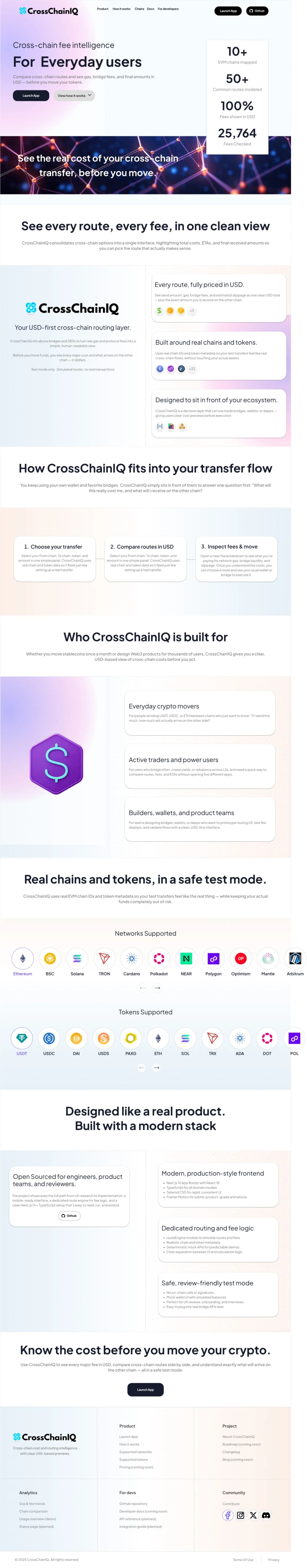 Crypto analytics dashboard design — dark mode cross-chain fee comparison interface with USD display and route selection