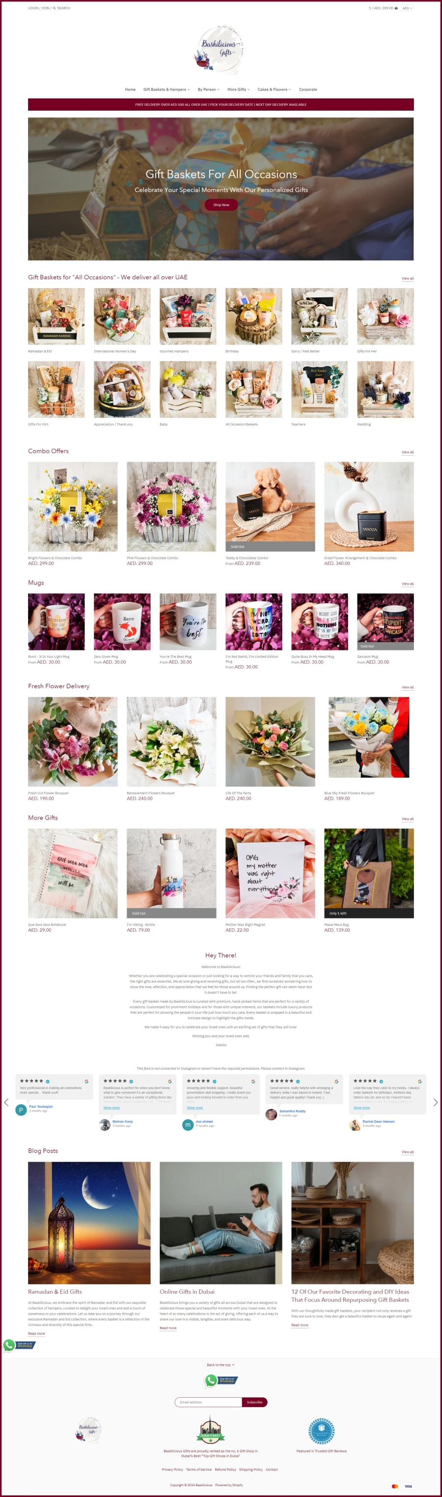 Baskilicious Shopify homepage — gift ecommerce store with occasion-based collection layout and mobile-first UX by BK Web Designs