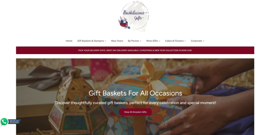 Gift shop website design for Baskilicious UAE — Shopify ecommerce store with occasion-specific gifting collections and CRO-optimised layout by BK Web Designs