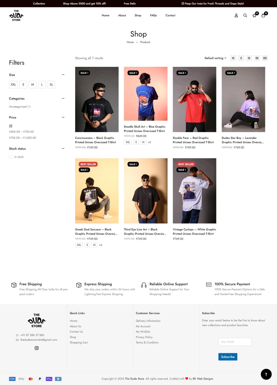 The Dude Store shop page design — clothing ecommerce collection layout with product grid, drop indicators, and mobile-first UX