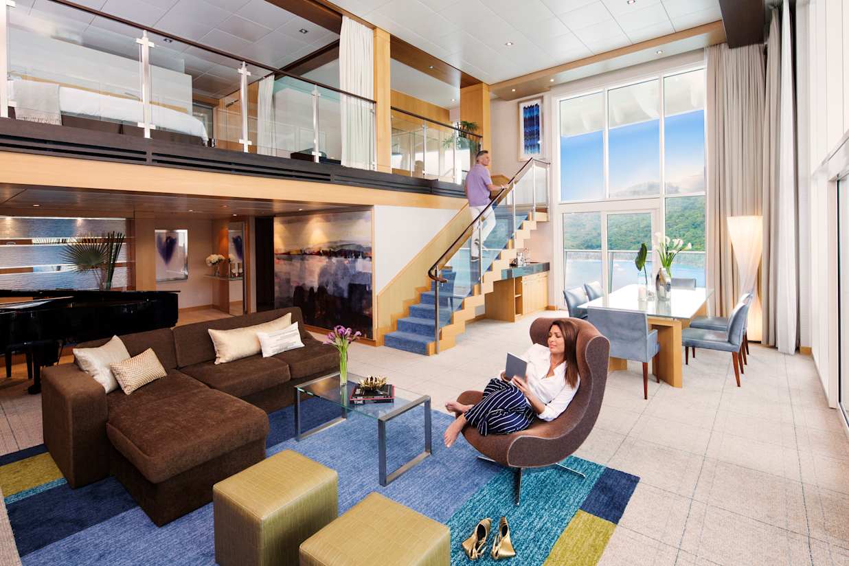 Oasis Suite Class lifestyle images, Royal Loft Suite with Balcony, Rm 1740, stairs, with people, cabin, stateroom, two-story,