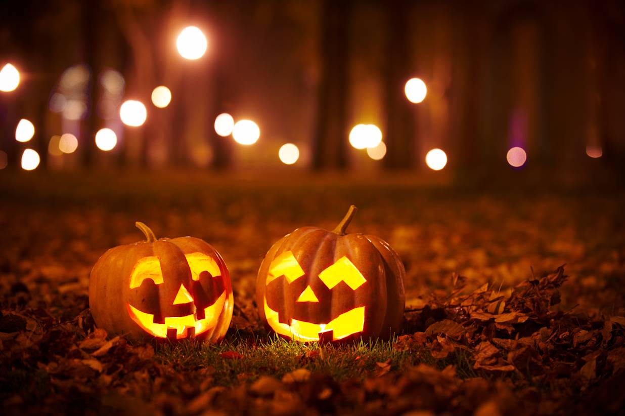 Two Halloween pumpkins on the ground with leaves and lights in the background