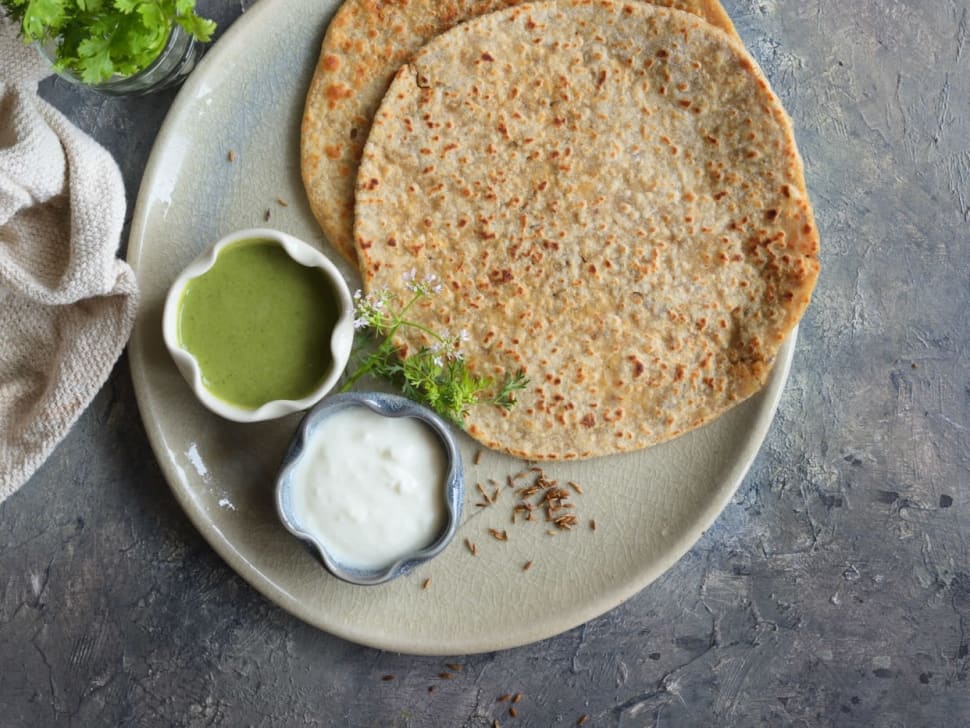 Veg Paranthas, Curd & Coriander Chutney
