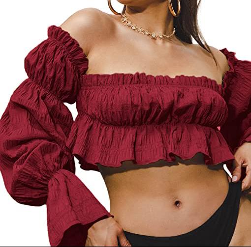 Off the shoulder long sleeve ruffle crop sales top