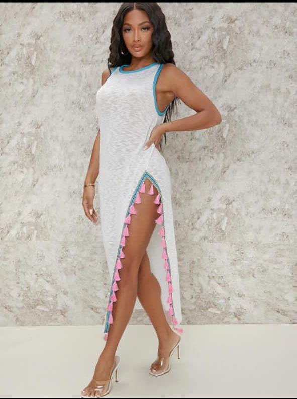 SLUB KNIT TASSEL TRIM HIGH SLIT MAXI 