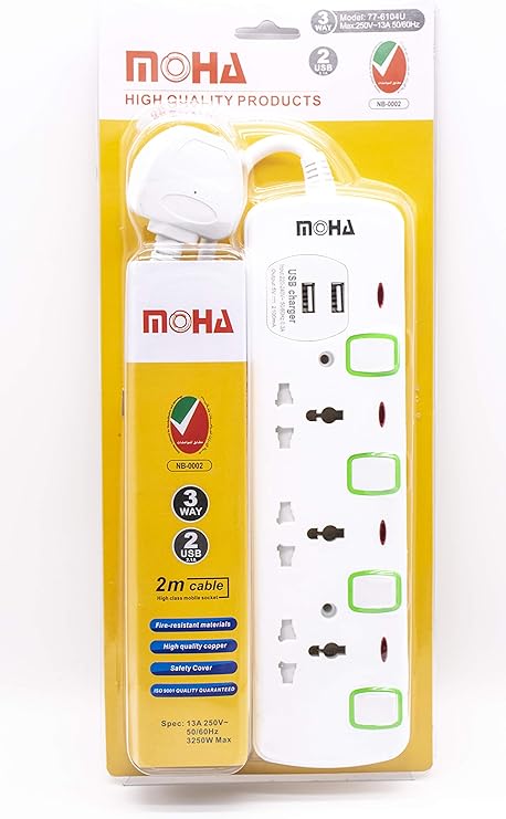 MOHA 4 Way Extension Power Socket with 5 Outlet with USB Output (2m)