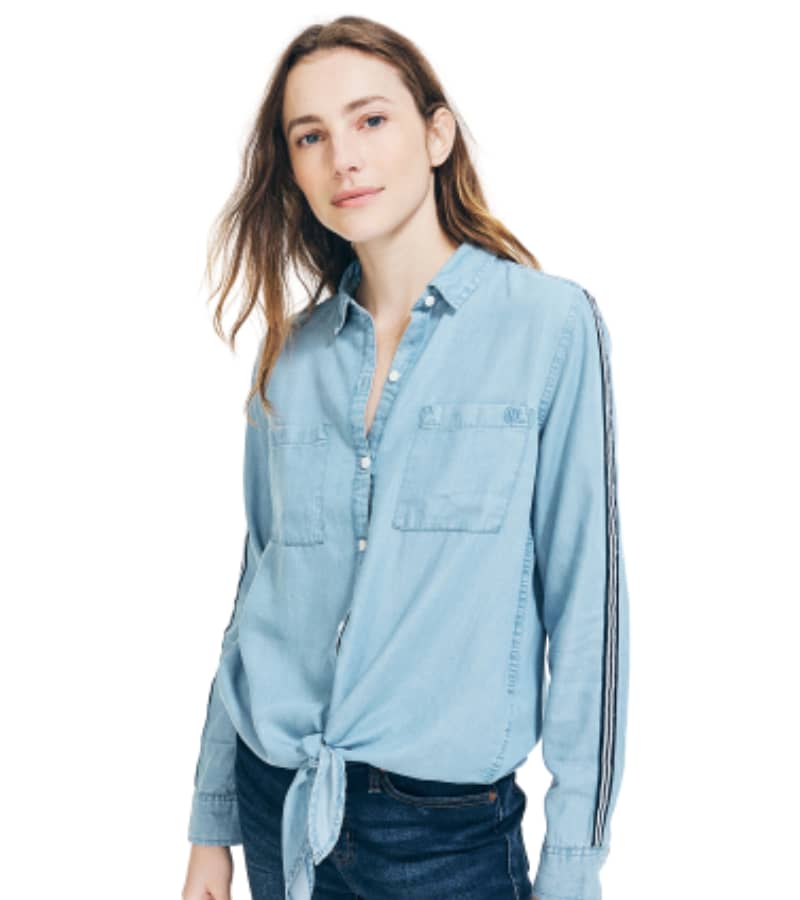 Ladies STRIPE TRIMMED TIE-FRONT Denim Shirt 