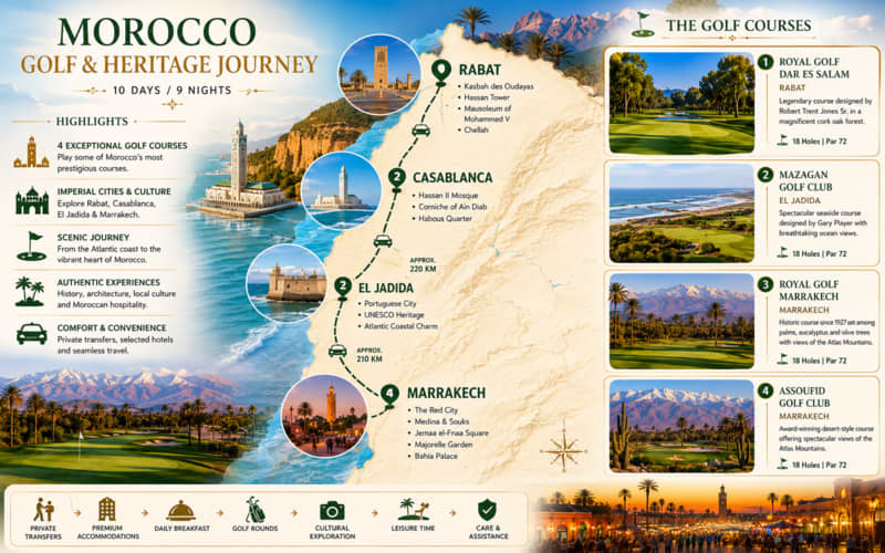 Morocco Golf &amp; Heritage Journey: 9 Night Stay + Breakfast + Championship Golf Courses + Guided Tours &amp; more from R49 999 pp sharing