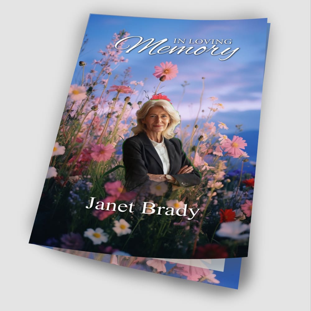 Funeral Program with Flowers & Mountains