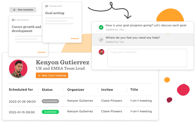 goal setting interface, 1-on-1 meeting details with Kenyon Gutierrez, highlighting tracking and comments features