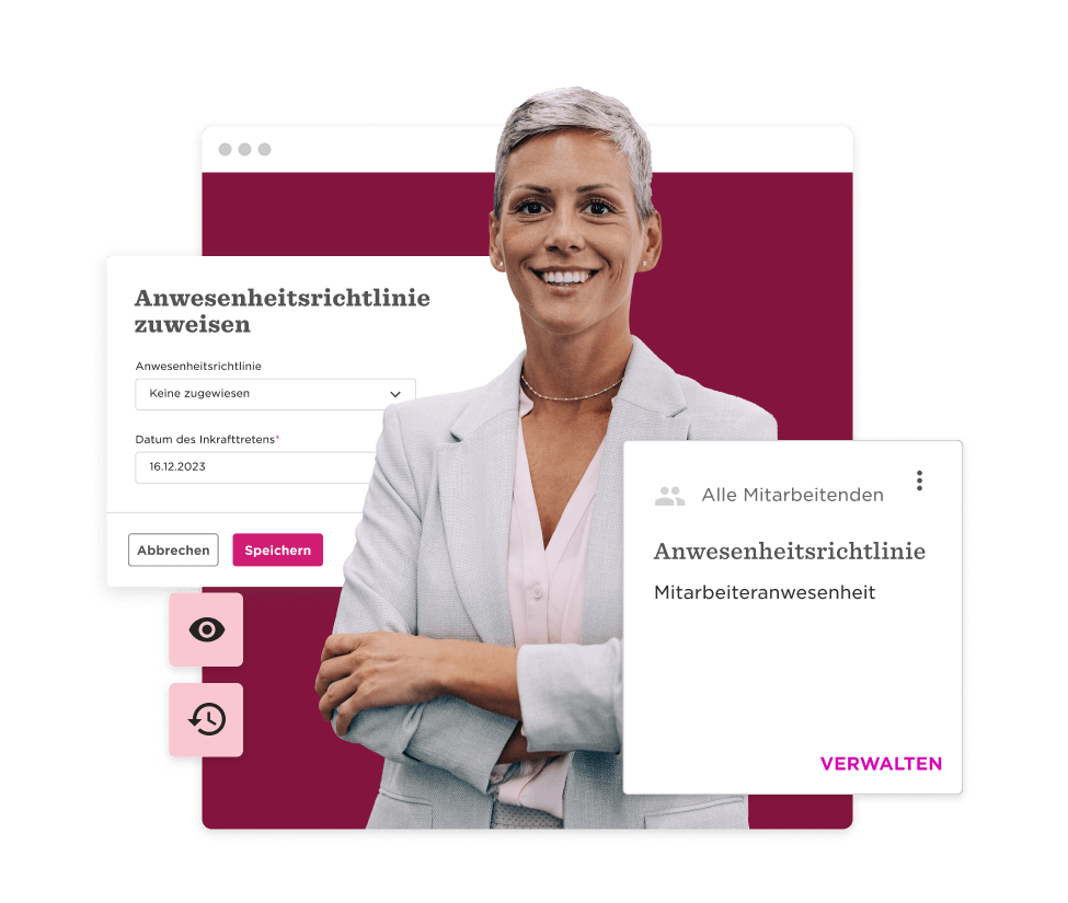 frau mit blonden haaren in anzug vor digitalem dashboard, zeigt anwesenheitsrichtlinie management, digitales arbeitsumfeld,