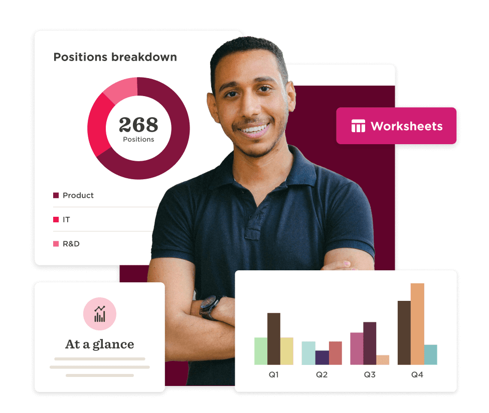 positions breakdown, data visualization with a young man, charts showing job distribution and performance metrics
