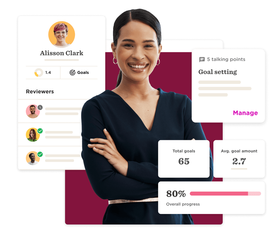 professional woman smiling with goals dashboard including total goals, progress, and reviewer feedback, goal setting progress review metrics