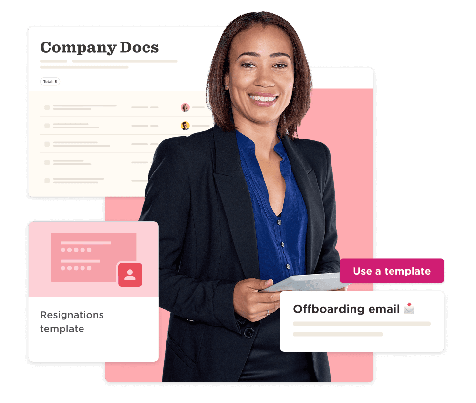 Company Docs interface with smiling woman in business attire holding a tablet, templates for resignations and offboarding email., businesswoman, templates