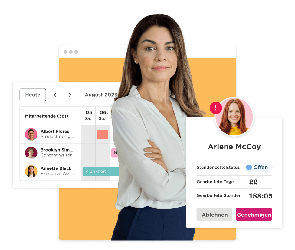 employee dashboard, woman in professional attire with employee details and calendar interface