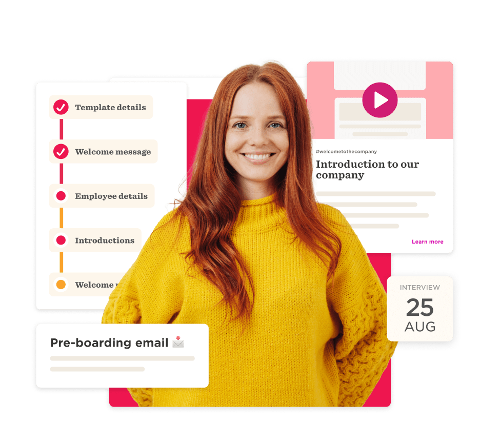 smiling woman in a yellow sweater with onboarding templates and a scheduled interview date, onboarding process visuals and details