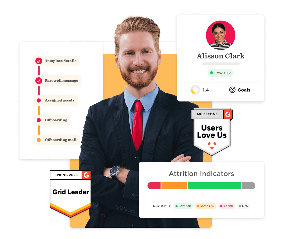 professional man in suit with onboarding metrics and user feedback stats, highlighting attrition indicators and goals, G2 Grid Leader badge and user love statistics