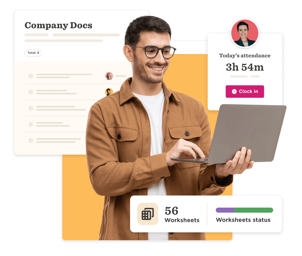 man working on laptop, attendance tracking dashboard with worksheets status