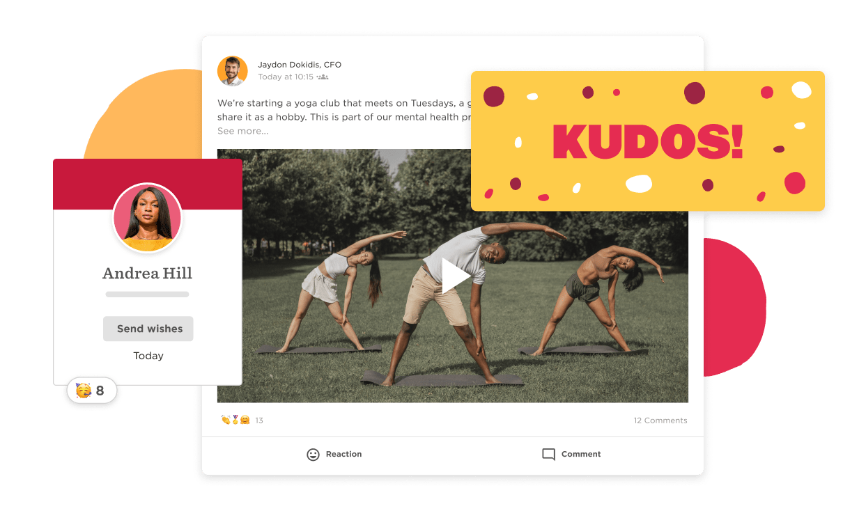 yoga club announcement post with three people practicing yoga outdoors and a vibrant "KUDOS!" graphic, user profile with name and reactions