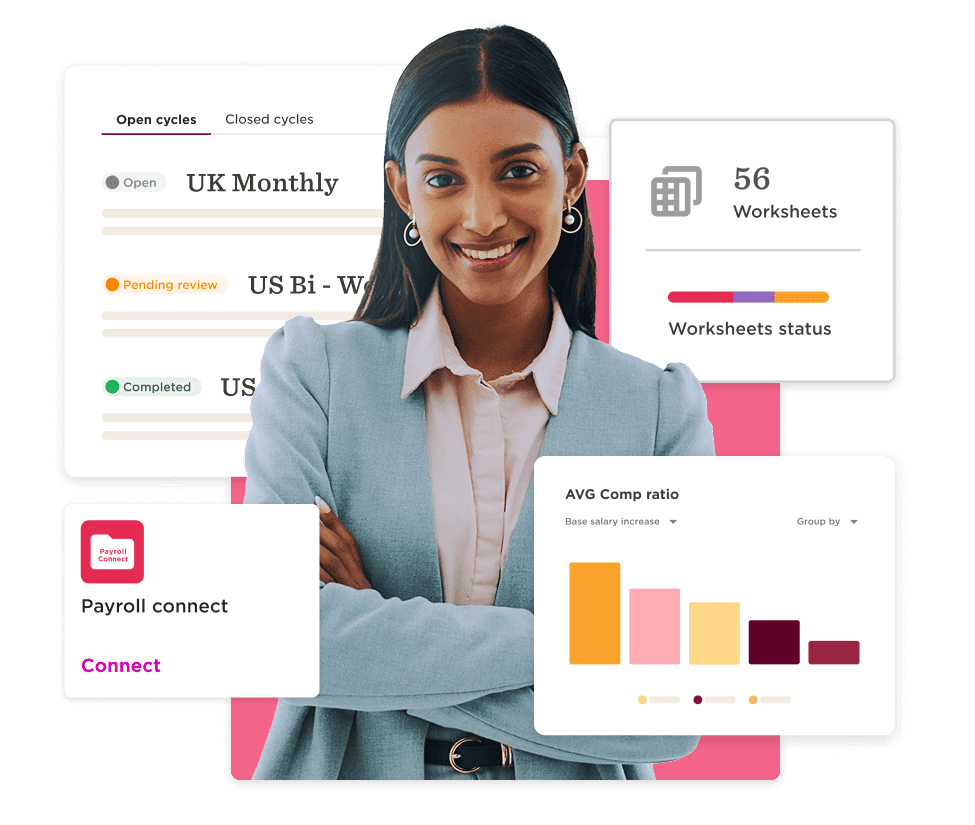 business woman smiling, data analytics dashboard with payroll metrics and worksheets status