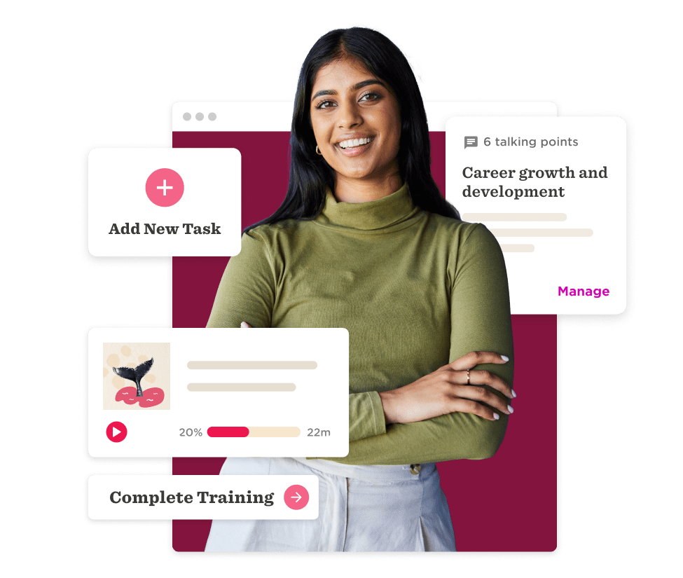 professional woman smiling, task management interface featuring training and development elements
