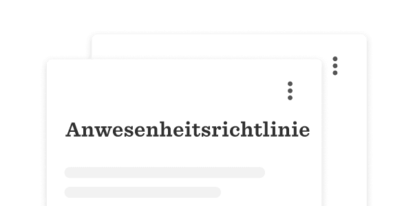 Anwesenheitsrichtlinie, Document interface design with text layout and icons, white and dark backgrounds, modern aesthetic.