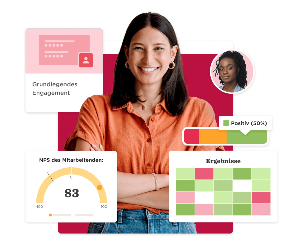 smiling woman with dark hair in casual outfit displays engagement metrics and employee satisfaction results, engagement statistics chart and graphs