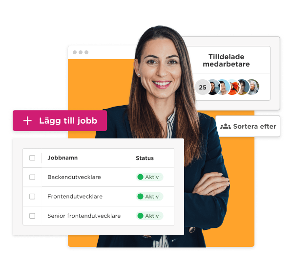 job recruitment interface, professional woman smiling with job listings and status updates on a vibrant orange background