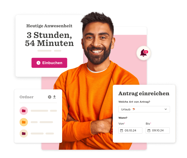 menschlicher Fachmann in orangefarbenem Pullover, Anwesenheit 3 Std. 54 Min., Antragsformular für Urlaub, Benutzeroberfläche mit Icon, Einbuchung und Ordner