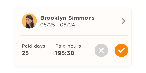Brooklyn Simmons' paid days and hours summary from 05/25 to 06/24. Total: 25 days, 195 hours, and 30 minutes. paid days, paid hours