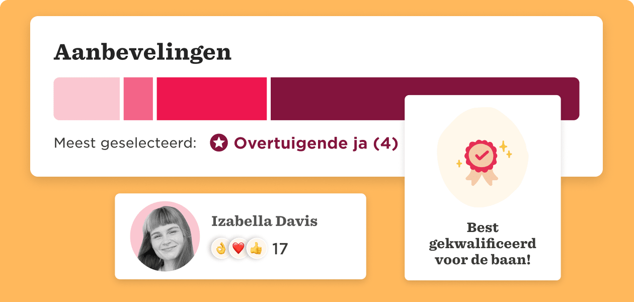 Aanbevelingen progress bar with ratings, Izabella Davis profile image, and qualification badge for job success. recommendations, Izabella_Davis