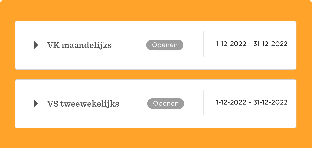 VK maandelijks and VS tweewekelijks options with open buttons and dates displayed, set on an orange background. alt text: VK maandelijks and VS tweewekelijks options on orange background with open buttons and date range. , VK maandelijks VS tweewekelijks options dates buttons