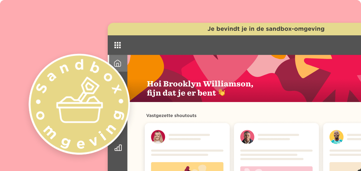 sandbox environment dashboard, colorful background with user greetings and shoutouts displayed in cards