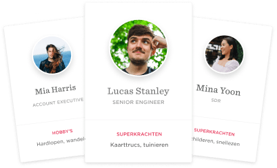 profile cards, team members, hobbies and skills