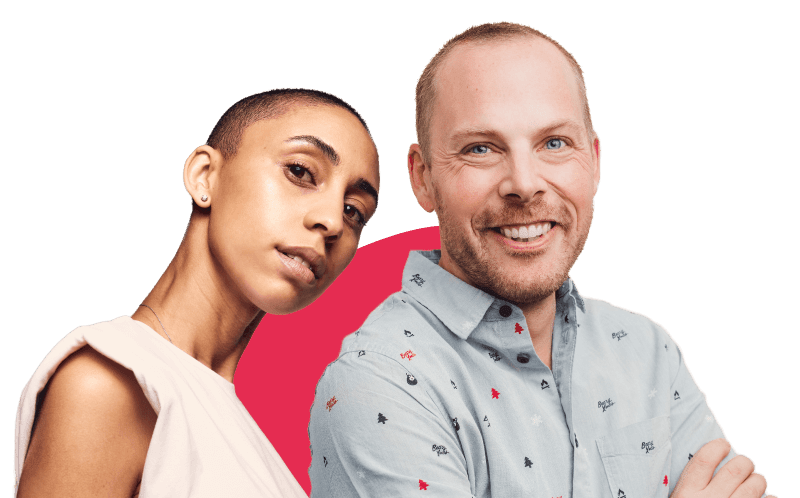 smiling man and woman posing together with vibrant background, diverse personalities in casual attire showcasing connection