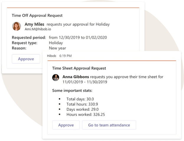 Time-off and time sheet approval requests with details and action buttons for efficient task management, Approval requests for holiday and timesheet with user details and statistics