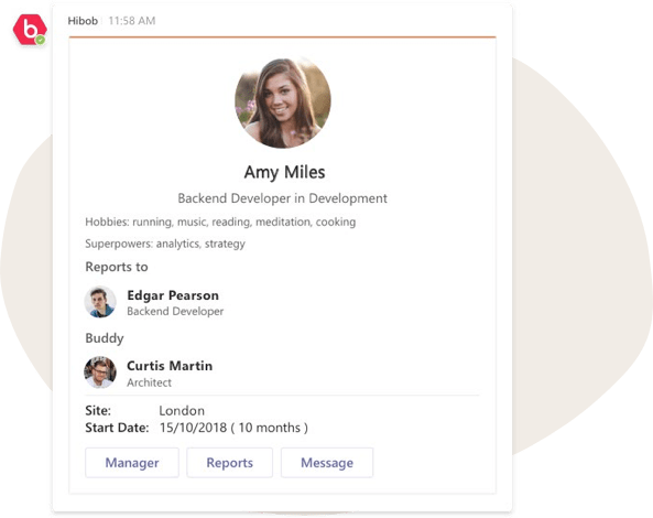 Amy Miles profile as Backend Developer, hobbies: running, music; reports: Edgar Pearson, buddy: Curtis Martin, User profile information in a work context, highlighting responsibilities and locations.
