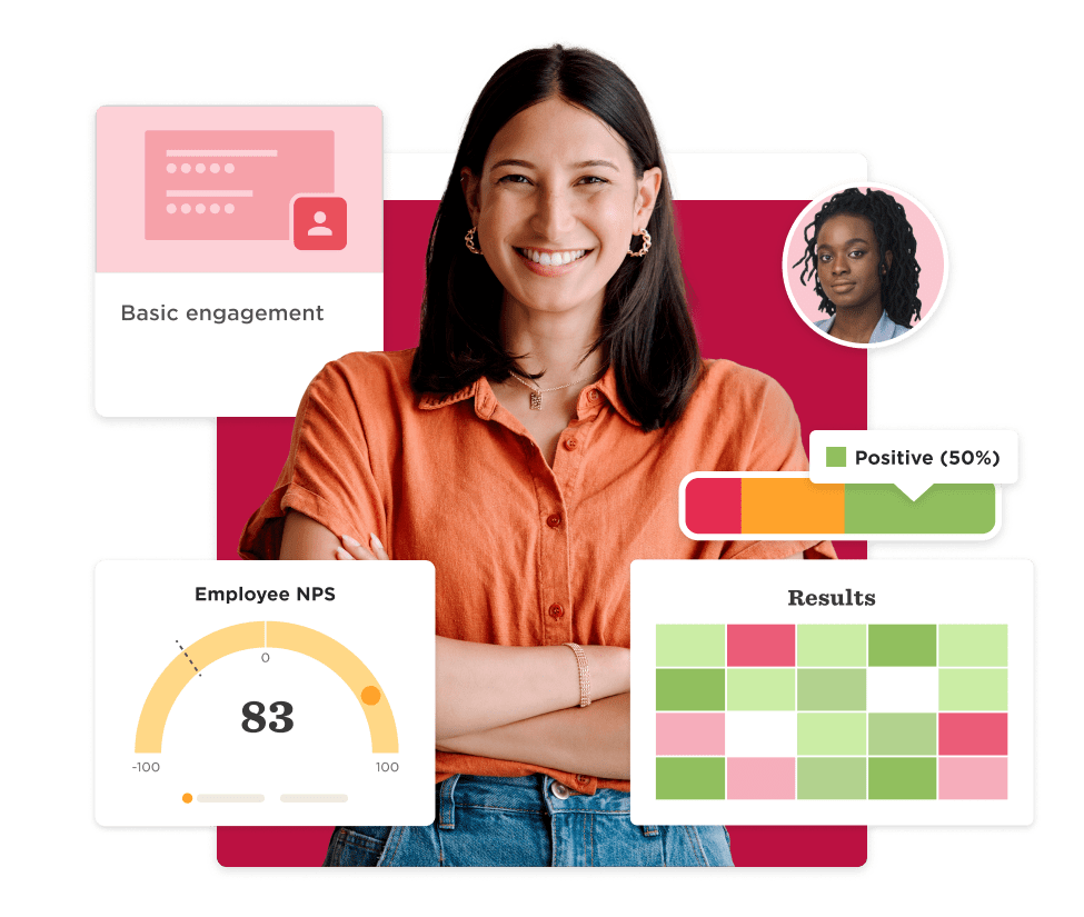 smiling woman in orange shirt with engagement metrics and feedback visuals, employee NPS gauge showing score of 83