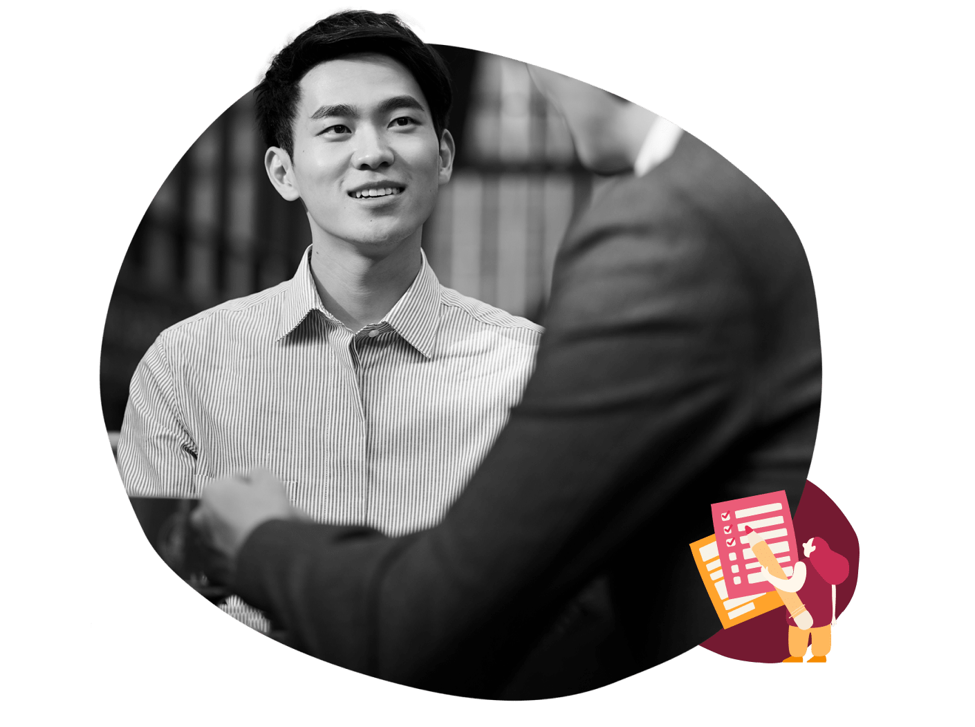 young man in striped shirt smiling during conversation, business context with documents icon, conversation in a modern office setting