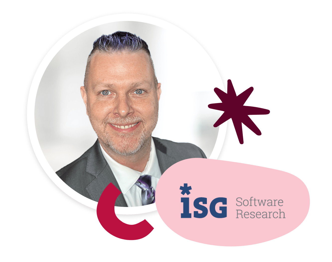 man in suit with blue and gray hair, smiling, with ISG Software Research logo and decorative elements, professional headshot, vibrant colors