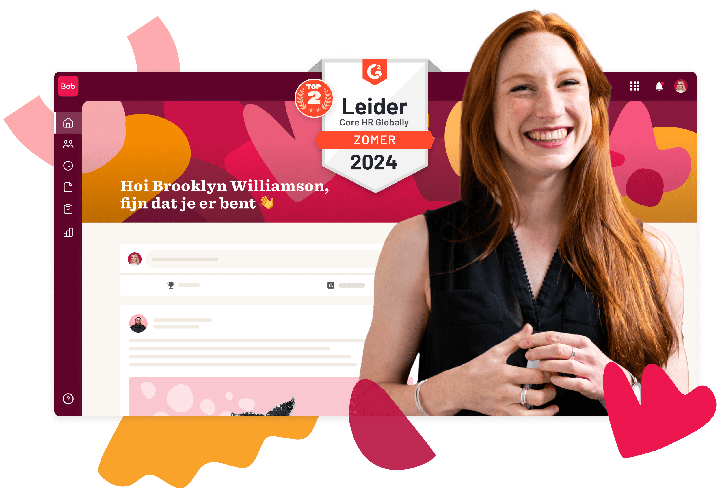 profile of a smiling woman with red hair in a black outfit, G2 badge 'Top 2 Core HR Globally 2024' displayed, colorful interface with greeting message in Dutch on a digital platform