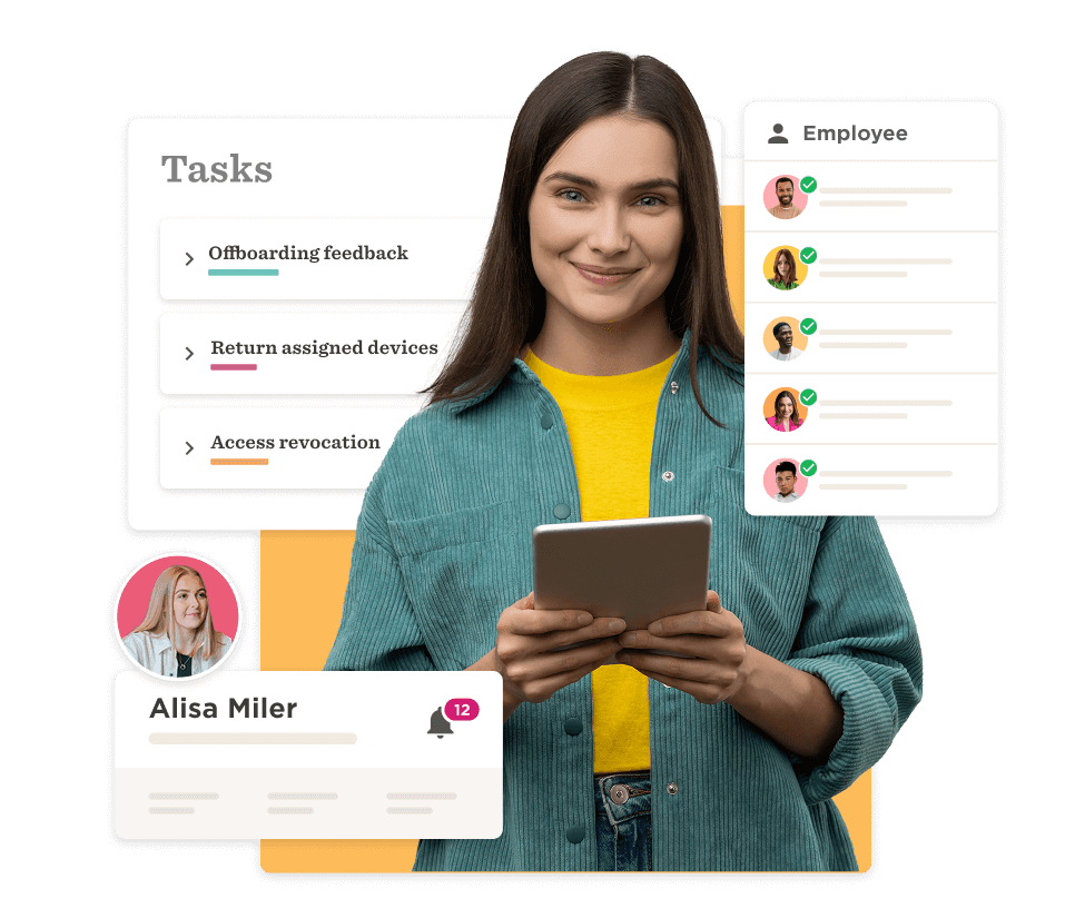 Tasks management interface featuring a smiling woman holding a tablet, displaying task lists and employee notifications. task management, employee notifications