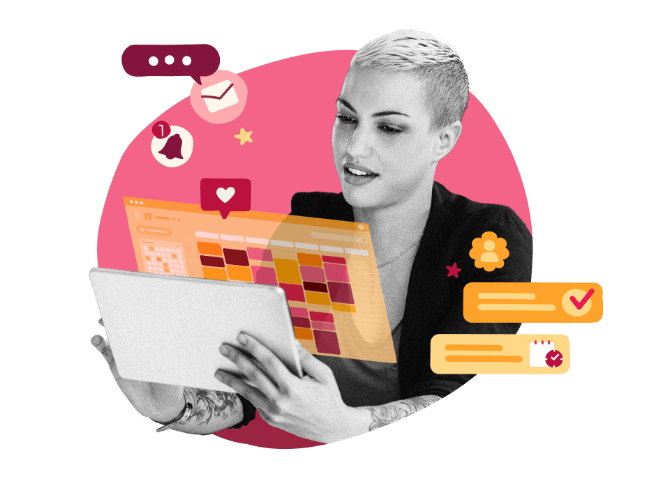 working professional using a tablet with a vibrant calendar layout, colorful notifications and messages in a creative design