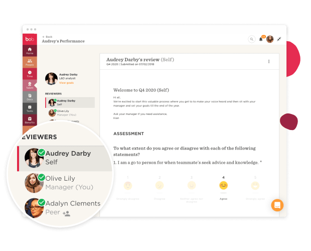 Audrey Darby's self-review interface for Q4 2020, featuring viewers and assessment questions. Performance evaluation tool., self-review, performance-evaluation