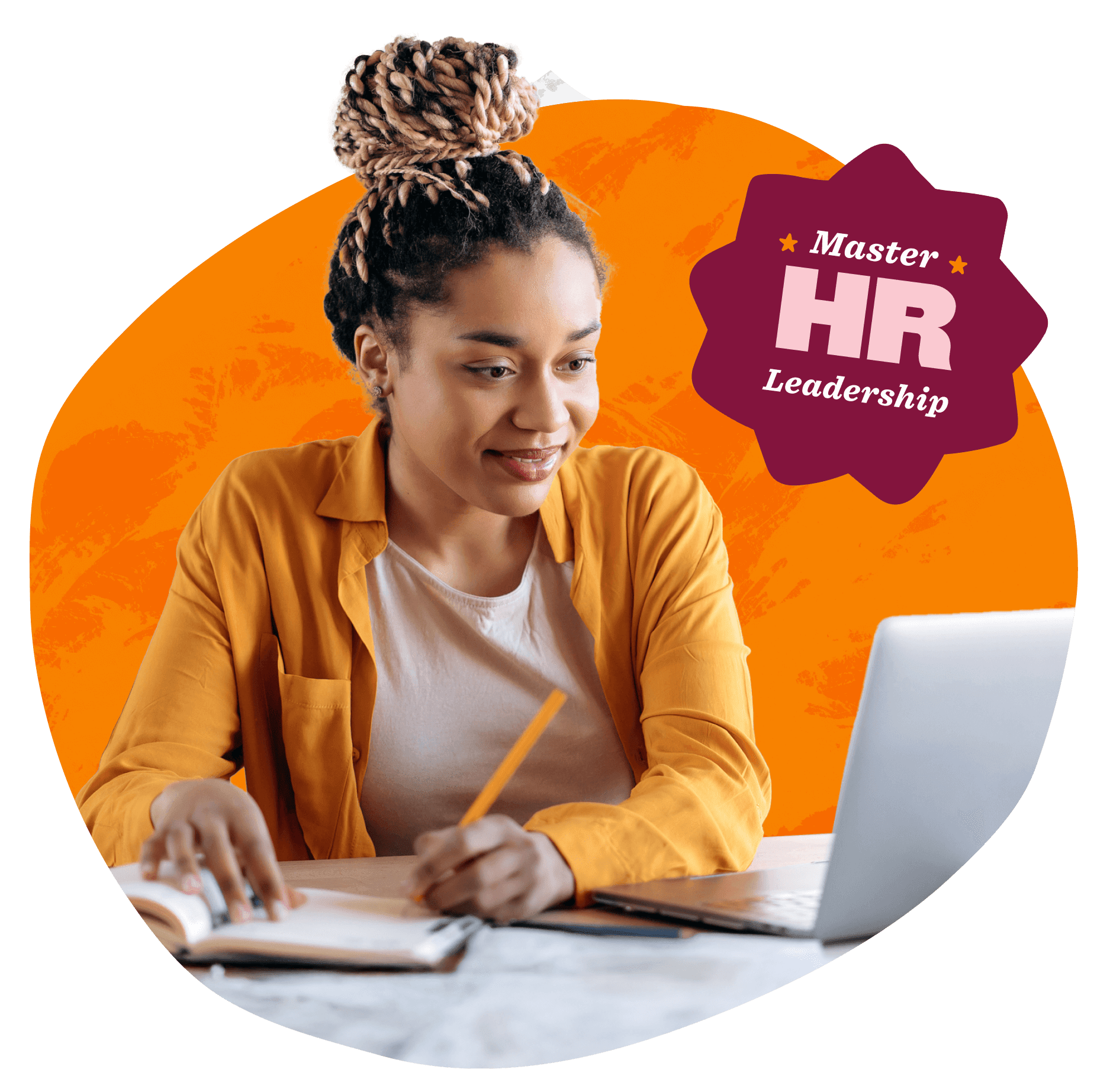 professional woman studying HR leadership at a laptop, taking notes, wearing an orange shirt against an orange backdrop, HR leadership online course