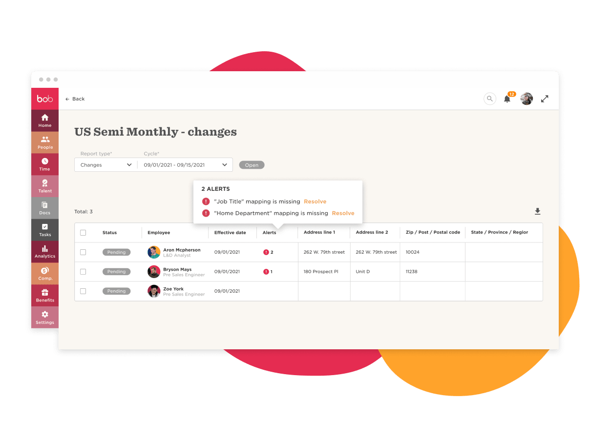 US Semi Monthly changes report highlighting employee alerts, effective dates, addresses, and resolution prompts. bob, employee alerts