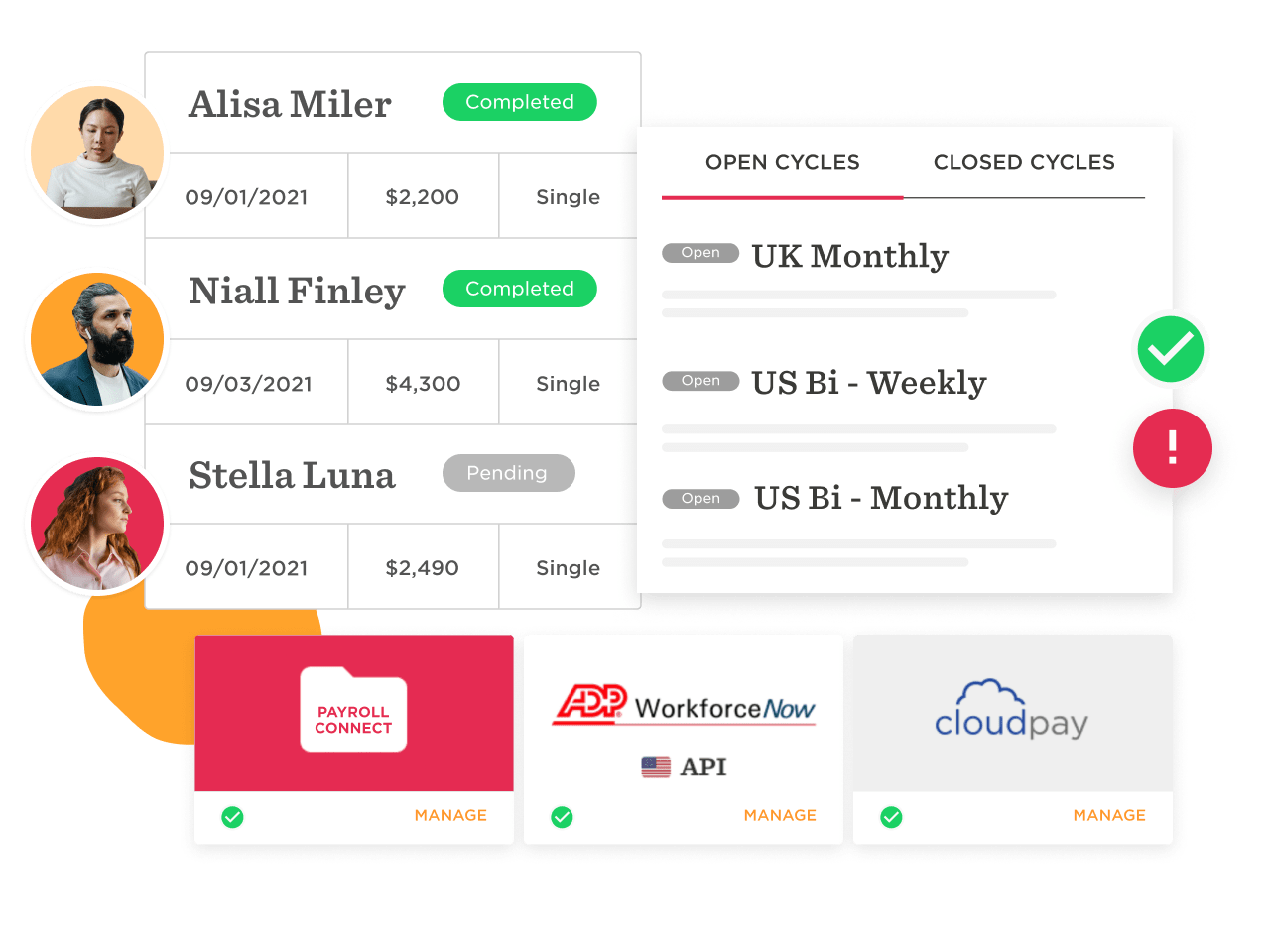 payroll management interface with users' statuses and payment cycles, completed and pending tasks with financial details